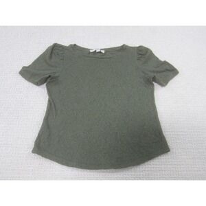 LOFT Shirt Womens XS Olive Green Puff Sleeve Textured Jacquard Crewneck Knit Top